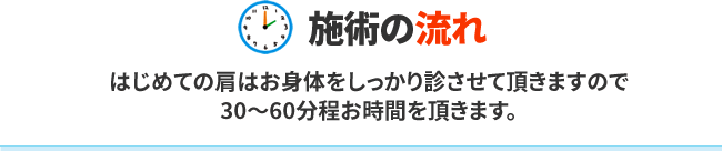 「施術の流れ」はじめての肩はお身体をしっかり診させて頂きますので30~60分程お時間を頂きます